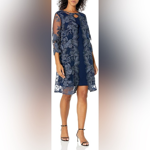 Mock Jacket Cocktail Floral Embroidered 3/4 Sleeve Jacket Dress Alex Evenings - Picture 2 of 5